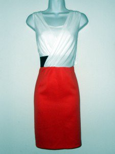 Sandra Darren Dress Sz 12 Coral Ivory Black Surplice Stretch Sheath Illusion NWT