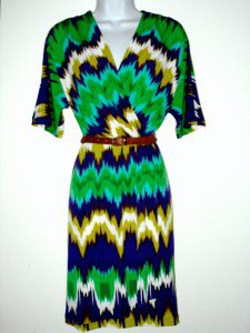 Calvin Klein CK Dress Size Sz 4 Blue Green Watercolor Boho Belt Stretch NWT