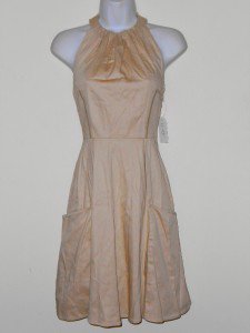 Jessica Simpson Dress Size 4 Beige Taupe Halter Cotton Flare Pockets Retro NWT