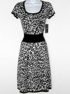 Julian Taylor Sweater Dress Small S White Black Leopard Animal Cap Sleeve NWT