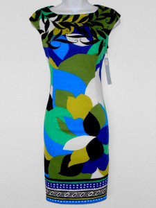 London Times Dress Size 8 Knit Sheath Blue Green Purple Abstract Print NWT