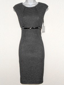 Calvin Klein Dress Size 8 Dark Light Gray Striped Knit Sheath Silver Belt NWT