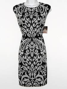 Sandra Darren Dress Size 16 Black Ivory Scroll Print Sheath Faux Leather NWT