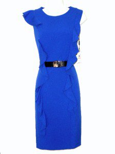 Calvin Klein CK Dress Size Sz 4 Sheath Blue Ruffle Career Cocktail Belt NWT