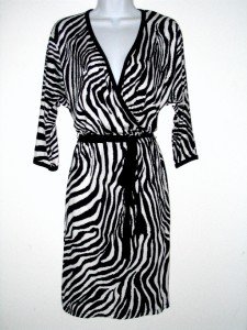 Karen Kane Dress Small S Faux Wrap Black White Zebra Animal Knit Belt NWT