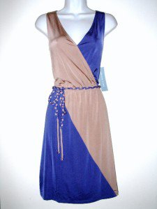 London Times Sleeveless Dress Size Sz 8 Blue Beige Colorblock Silky Belt NWT