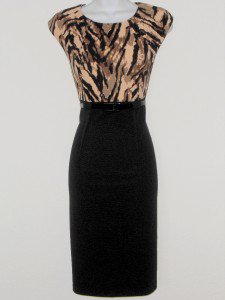 Connected Apparel Dress Size 14 Brown Black Animal Print Stretch Sheath Belt New