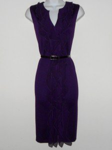 Connected Apparel Dress Sz 10 Eggplant Purple Knit Sheath Ruffle Snake Belt New