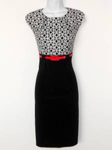 Connected Apparel Dress Size 12 Sheath Black White Geometric Print Red Belt New