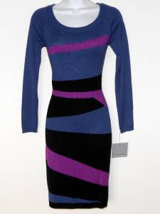 Marc NY Sweater Dress Small S Blue Pink Black Colorblock Geo Stripe Knit NWT