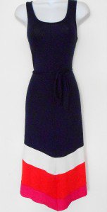 Design History Dress Large L Navy Blue Pink Coral Block Stripe Belt Boho NWT