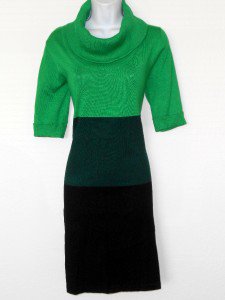 Karin Stevens Sweater Dress Medium M Green Teal Black Colorblock Turtleneck New