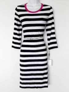 Calvin Klein Dress Size 14 Black White Striped Hot Pink Trim Belt Stretch Knit