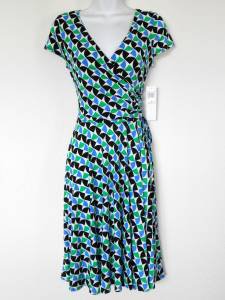 Maggy London Dress Size 12 Blue Green Black Geometric Print Ruched Stretch NWT