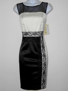 Sangria Dress Size 8P Ivory Black Satin Illusion Colorblock Lace Cocktail NWT