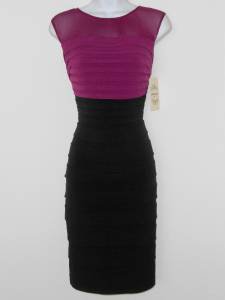 Sangria Dress Size 8P Berry Black Shutter Pleat Stretch Mesh Illusion NWT