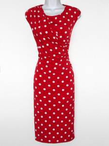 Connected Apparel Dress Size 6 Red White Polka Dot Stretch Ruched Versatile