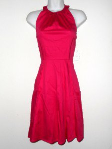 Jessica Simpson Dress Size 6 Hot Pink Halter Cotton Flare Pockets Retro NWT