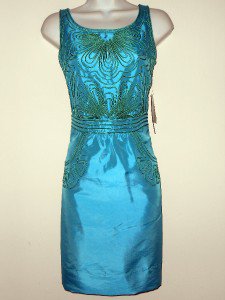 Miss Sixty Dress Size 0 Sky Blue Green Sheath Dress Sateen Boho Pipe Trim NWT