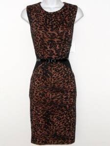 Calvin Klein Dress Size 6 Brown Black Leopard Colorblock Knit Sheath Belt NWT