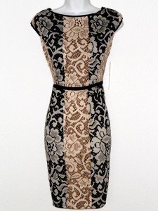 Maggy London Dress Size 8P Brown Black Ivory Mixed Print Knit Sheath NWT
