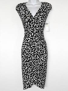London Times Dress Size 6 Black White Polka Dot Print Ruched Stretch NWT