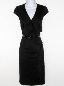 Sandra Darren Black Dress Size 8 Faux Wrap Ruffle Cap Sleeve Belt Career New