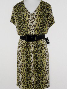 Sandra Darren Dress Size 16W Green Black Leopard Animal Print Belt Blouson NWT