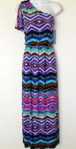 London Times Maxi Dress Sz 10 Blue Pink Brown Multi Boho Print One Shoulder New