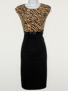 Connected Apparel Dress Sz 14 Beige Black Print Sheath Career Cocktail Belt New