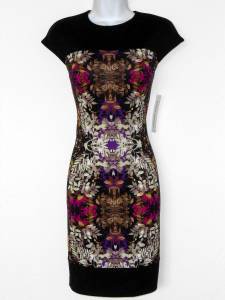 Maggy London Dress Size 10 Black Pink Purple Multi Print Ponte Stretch NWT