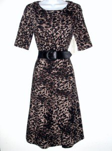 Evan Picone Dress Size Sz 12 Brown Black Leopard Print Knit Flare Belt NWT