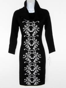 Sandra Darren Sweater Dress Small S Black White Scroll Print Cowl Neck Knit NWT