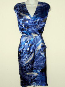 MM Couture Dress Large L Blue Watercolor Print Faux Wrap Charmeuse Silky NWT