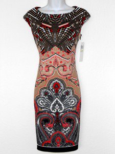 Maggy London Dress Size 10 Brown Red Black White Mixed Print Knit Sheath NWT