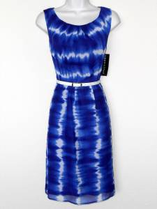Connected Apparel Dress Size 10 Blue White Dip Dye Watercolor Print Chiffon Belt