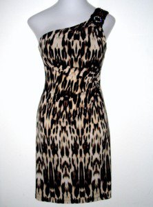 Connected Apparel Dress Sz 12 Leopard One Shoulder Ruched Stretch Beaded New