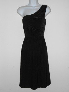 Max & Cleo Black Dress Size 10 One Shoulder Sequins Pleated Jersey Grecian NWT