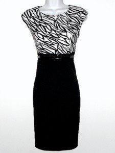 Connected Apparel Dress Size Sz 8P Sheath Black White Knit Belt Cocktail New