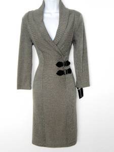 Connected Apparel Sweater Dress Size 8 Beige Oatmeal Knit Buckle NWT