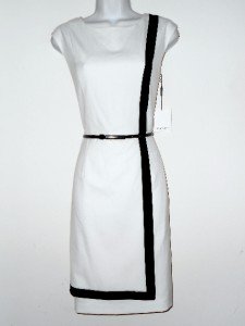 Calvin Klein CK Dress Size Sz 10 Stretch Sheath Ivory Black Stripe Belt NWT