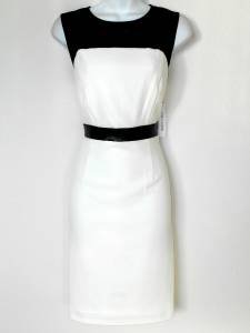 Sandra Darren Dress Size 6 Ivory Black Faux Leather Mesh Illusion Stretch NWT