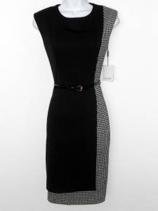 Calvin Klein Dress Size 14 Black Ivory Houndstooth Print Knit Sheath Belt NWT