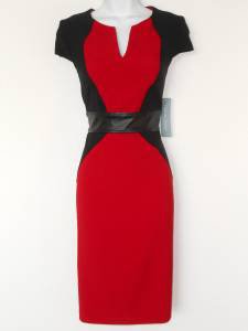 London Times Dress Size 10 Red Black Colorblock Cap Sleeve Faux Leather NWT