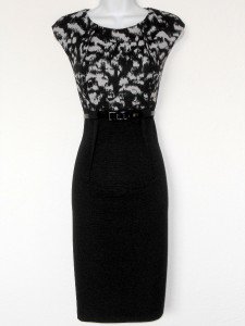Connected Apparel Dress Size 8 Black Gray Print Stretch Sheath Belt New