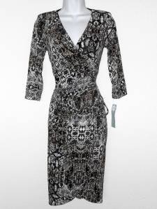London Times Dress Size 14 Brown Black White Snakeskin Print Stretch Ruched NWT