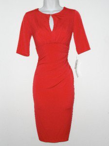 London Times Dress Size 6 Red Ruched Keyhole Stretch Jersey Grenadine NWT