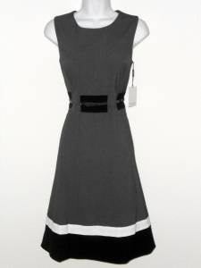 Calvin Klein Dress Size 8 Gray Black White Block Stripe Flare Belt Retro NWT