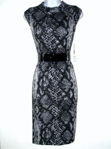 Nine West Dress Size Sz 14 Sheath Gray Black Snakeskin Print Knit Belt NWT New