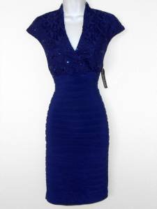 R&M Richards Dress Size 6 Deep Blue Shutter Pleat Stretch Sequins Cocktail